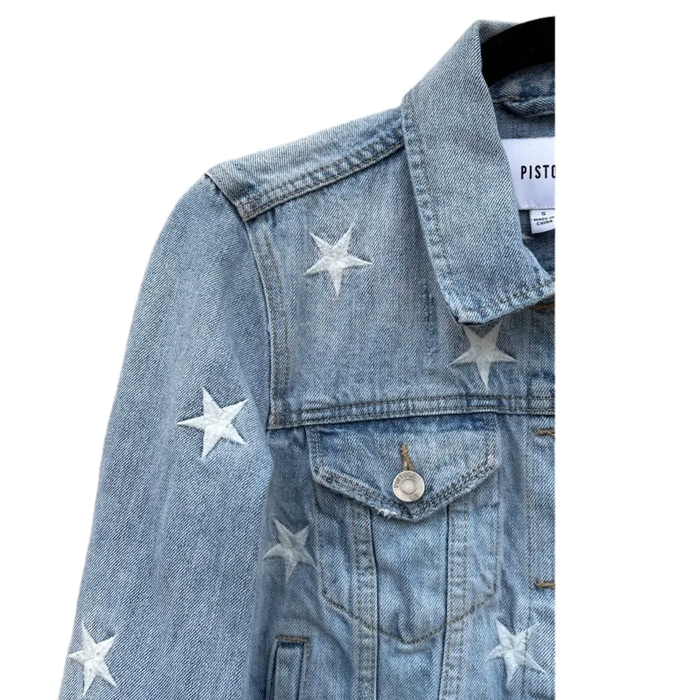 Brando White Star Cropped Denim Jacket White Zodiac Embroidered Small - Image 3