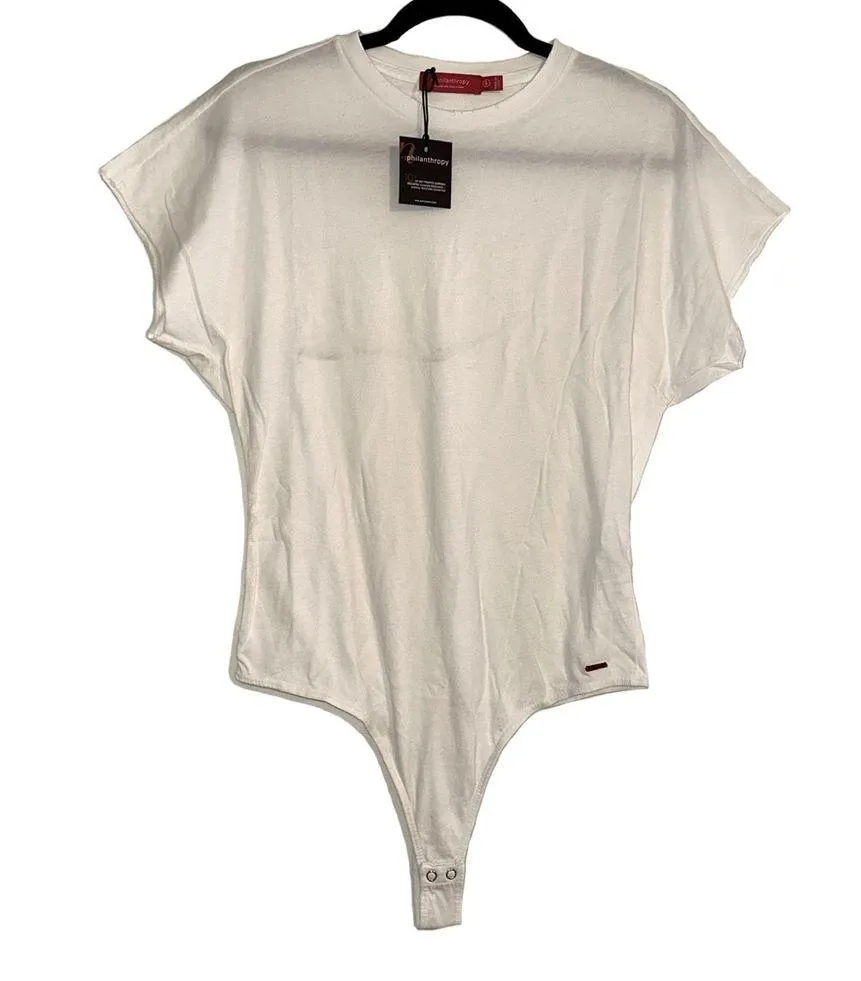 NWT N:Philanthropy Lakes Cap Sleeve Distressed Trim White Bodysuit SMALL - Image 2