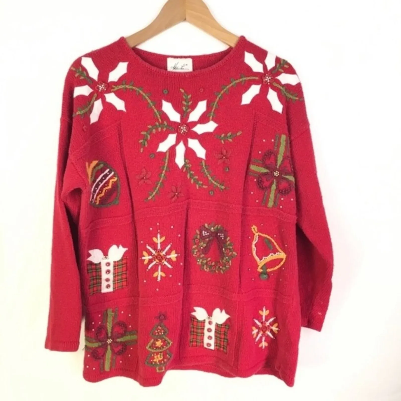 Vintage Poinsettia Bell Wreath Snowflake Christmas Sweater Sz Large White - Image 5