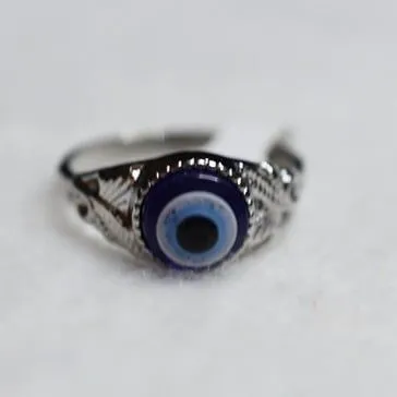 Blue Evil Eye Silver Tone Thin Engraved Metal Band Sizes 8, 10 & 11 Goth Ring - Image 2