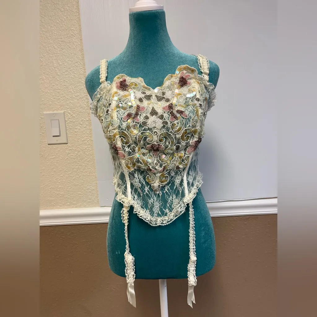 Vintage Rare Gold Label  1990s Ivory Hand-Beaded‎ Lace Corset Bustier - Image 4