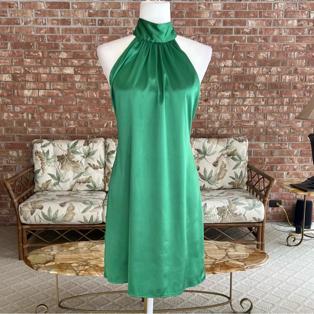 Flounce Dress Satin Mini Backless High Tie Neck Emerald Green 6 Halter Cocktail - Image 3