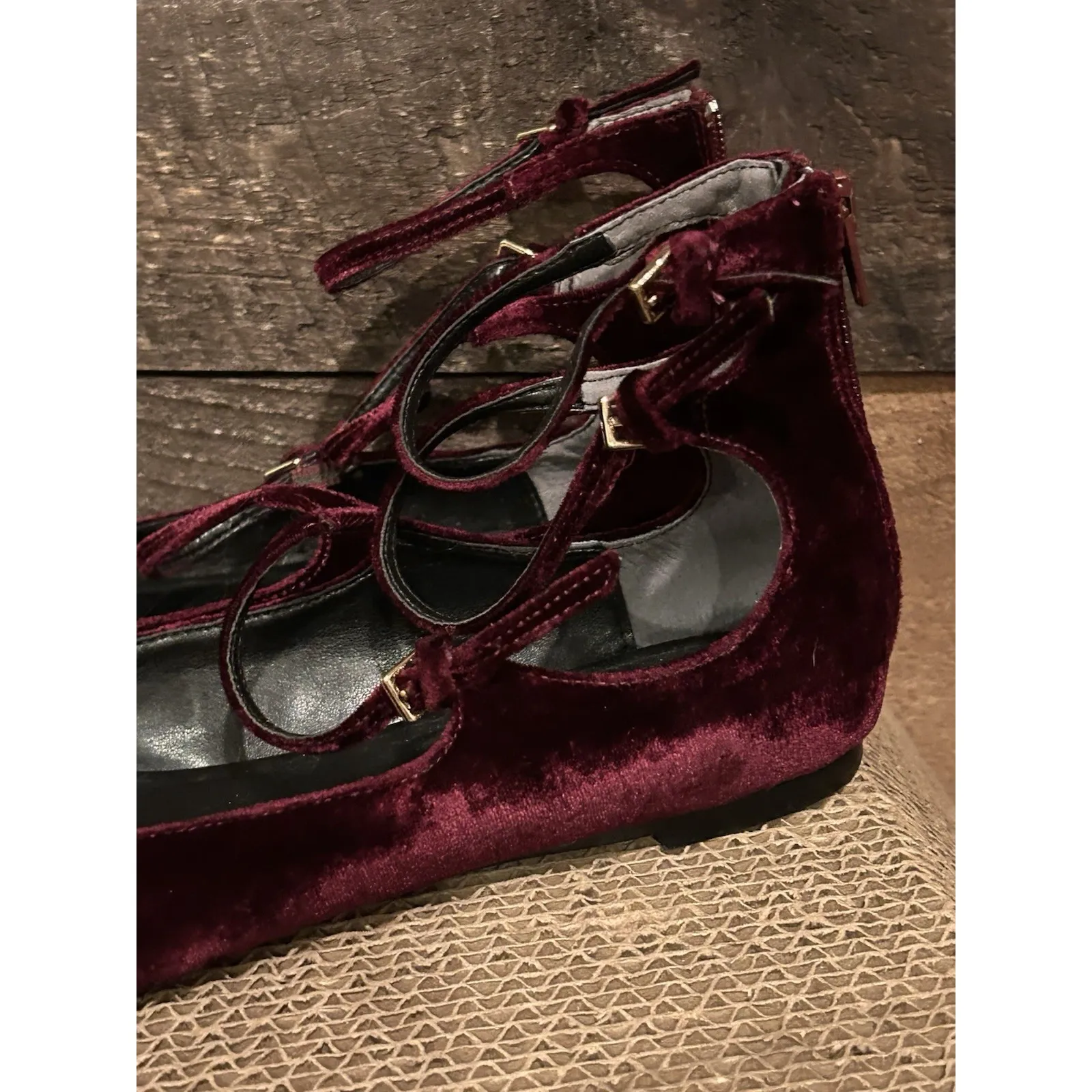 Banana Republic Women's Strappy Flats Burgundy‎ /Purple Velvet Ankle SOLD - Image 2