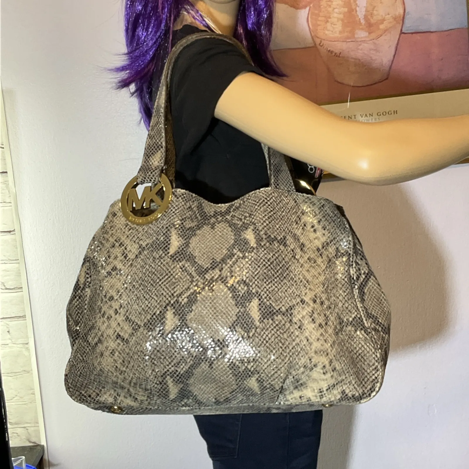 Michael Kors  Fulton Black Python Embossed Leather Hobo Shoulder Bag - Image 6