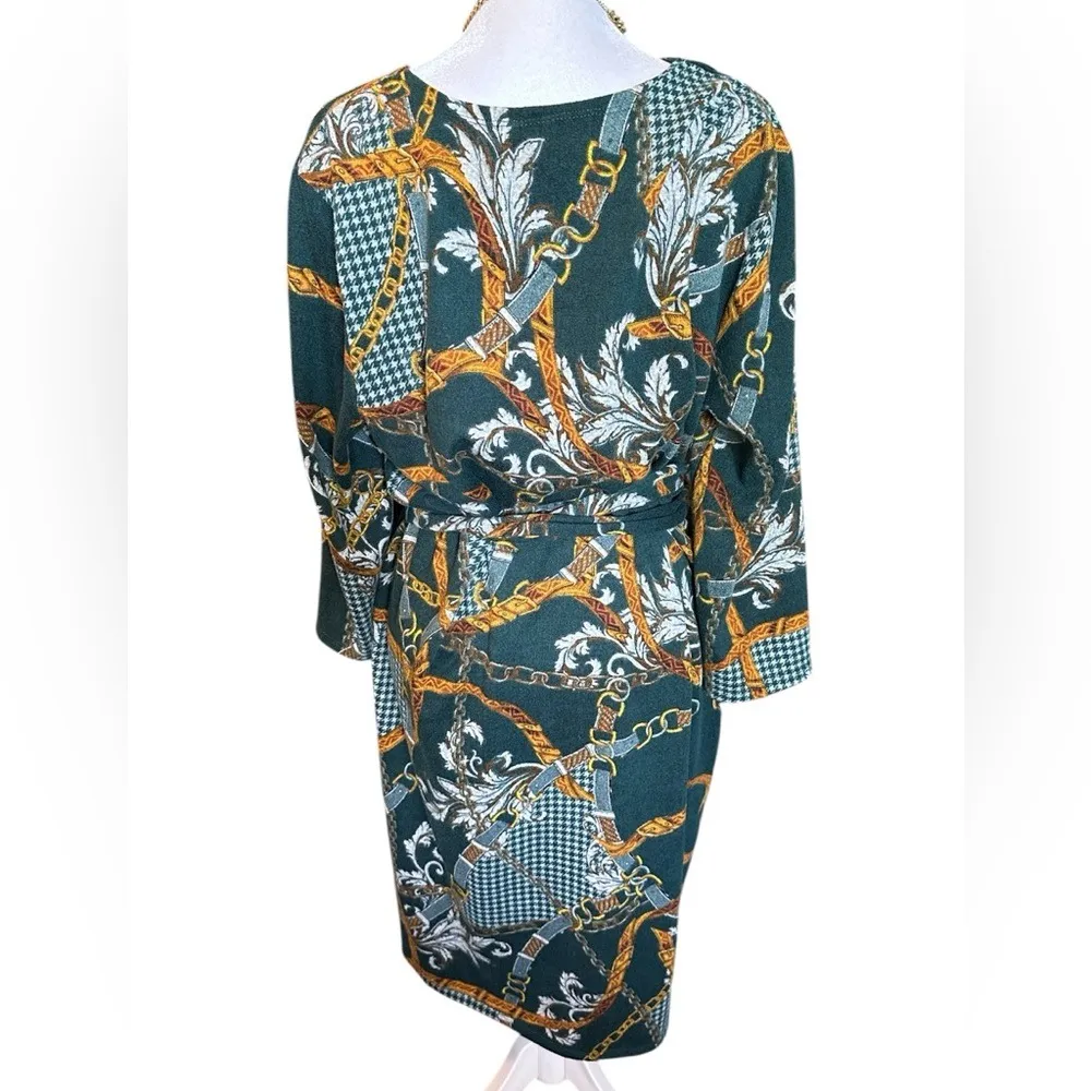 Tacera Luxe Green Houndstooth & Gold Chain Print Wrap Dress - Size XL - Image 6