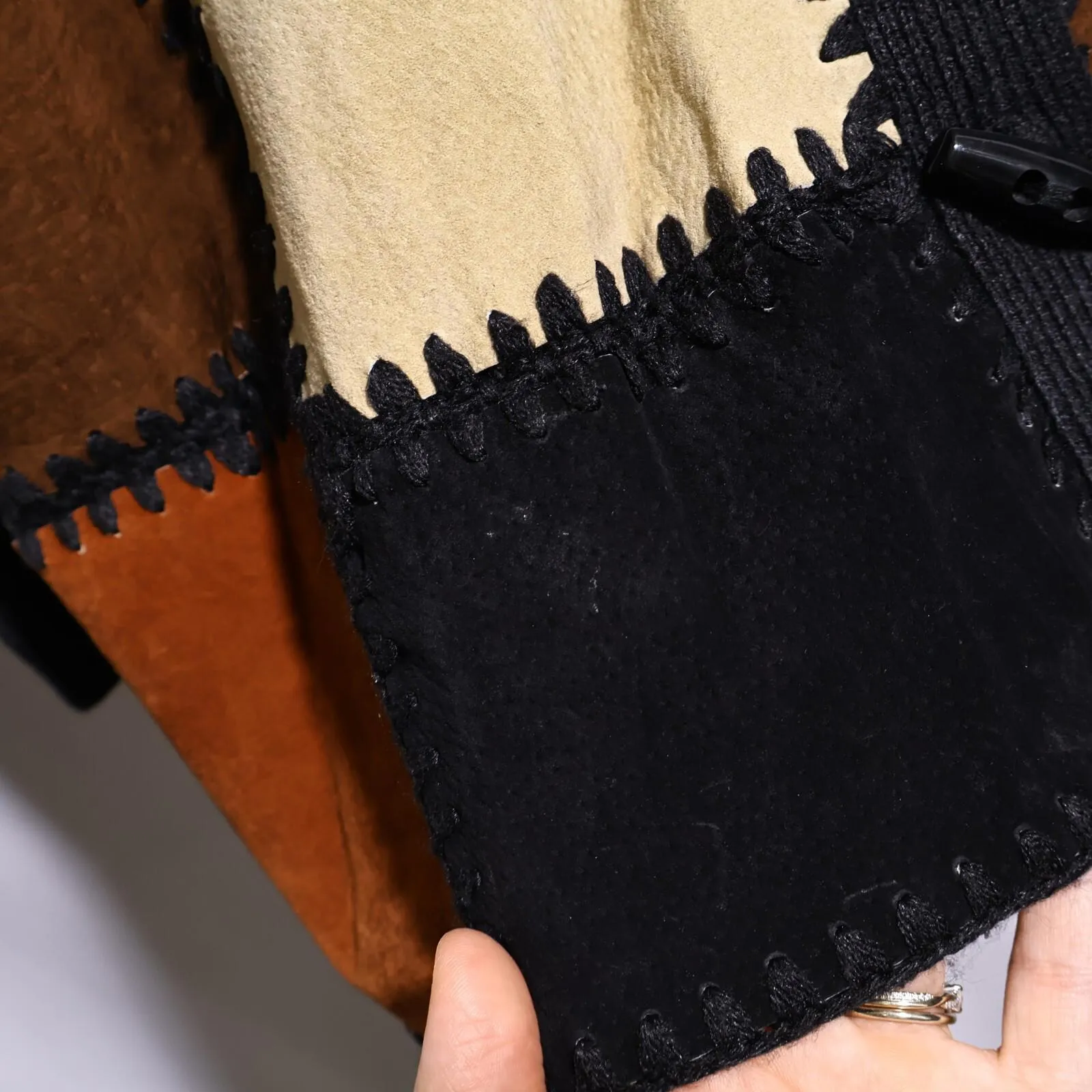 VTG Patchwork Leather Jacket Toggle Buttons Rib Knit Collared Retro Western Sz M Brown Size M - Image 3