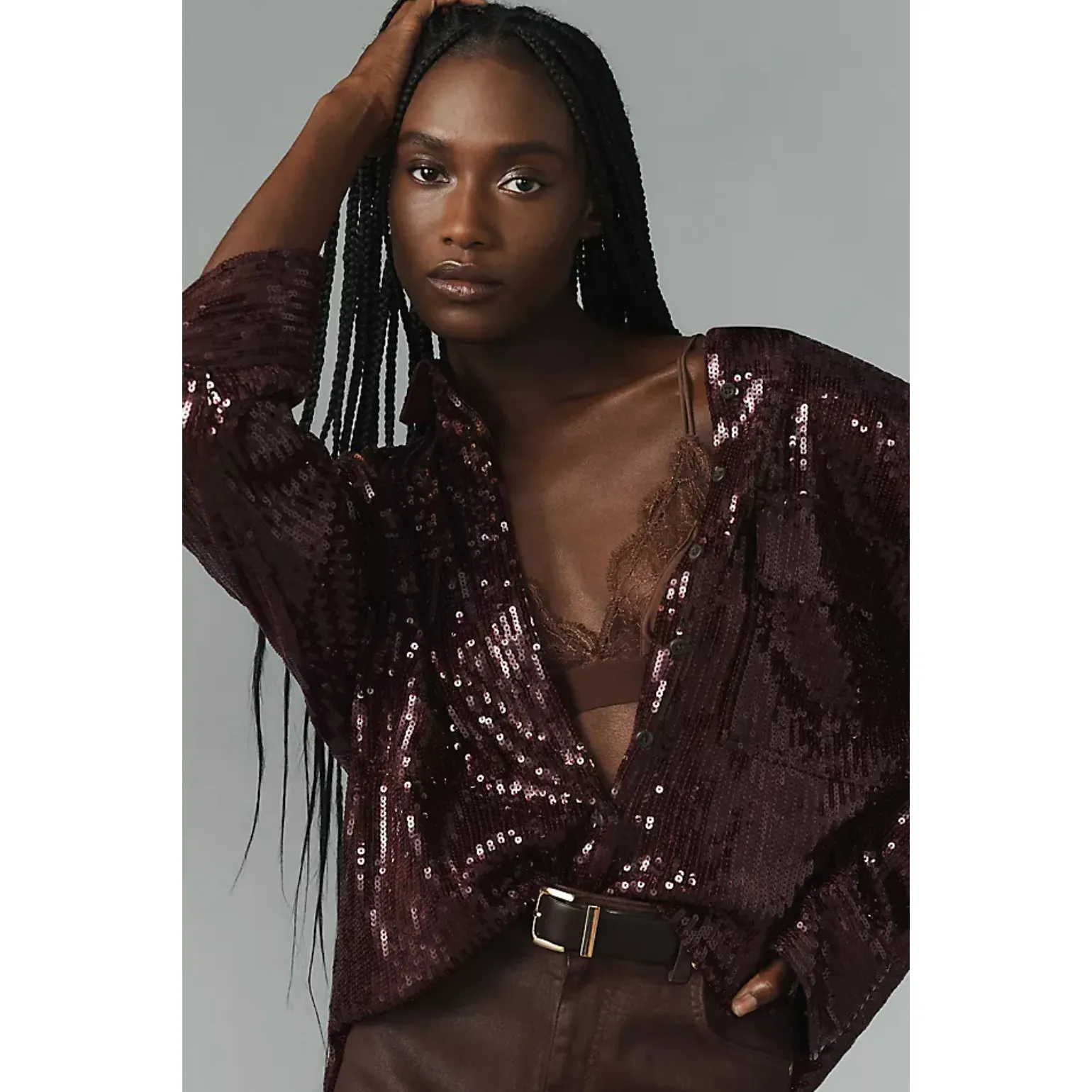 PILCRO Sequin Maroon Buttondown Shirt Size Medium - Image 2