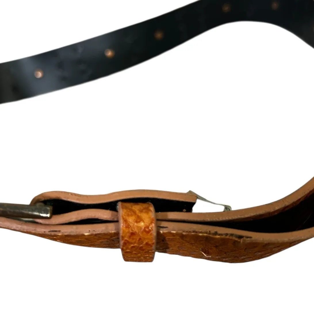 Brown Studded Yellow Rhinestone Faux Croc Leather Belt Size 12 Western Earthy - Image 6