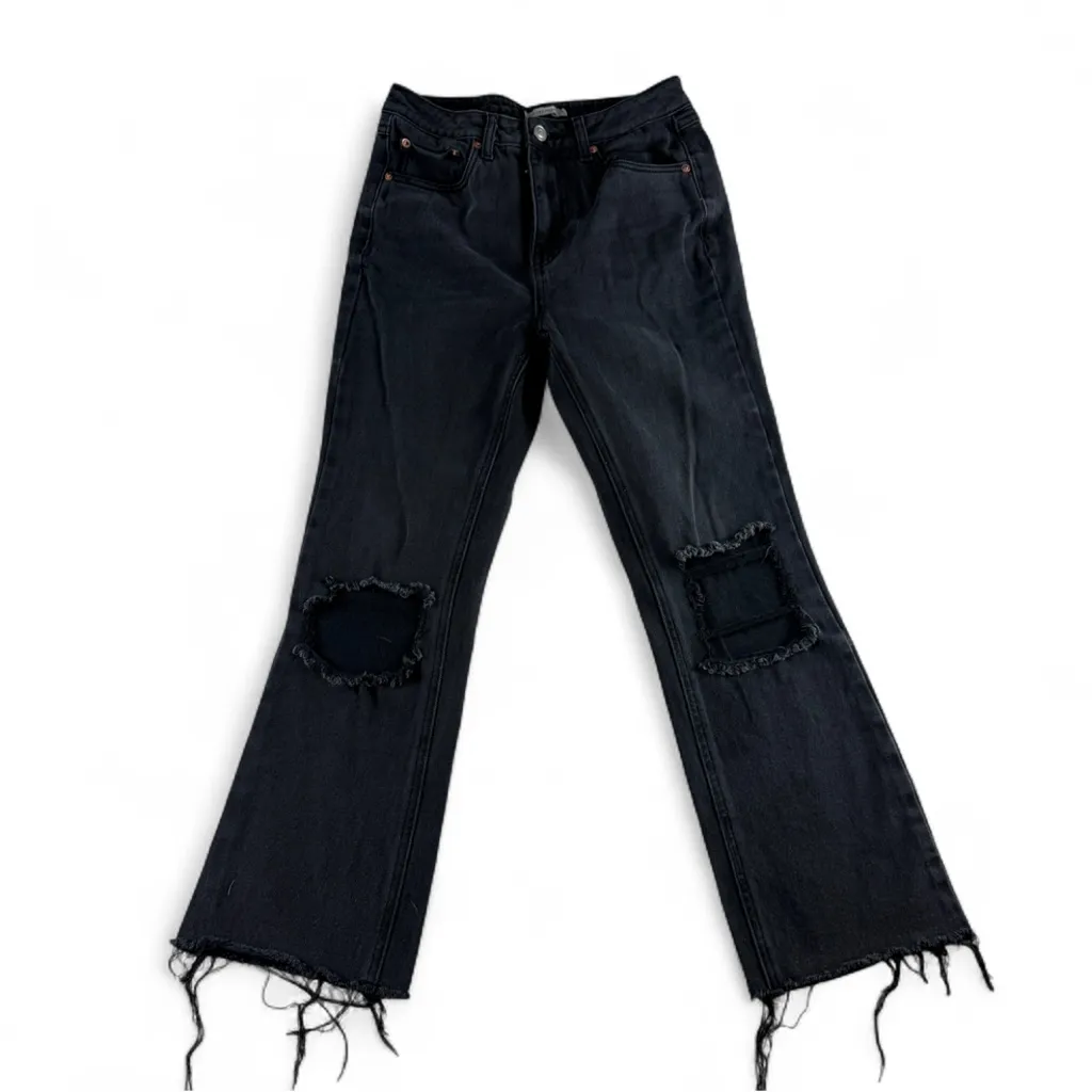 Avec Les Filles Cropped Flare Jeans 26 Distressed Raw Hem black Wash Denim - Image 3