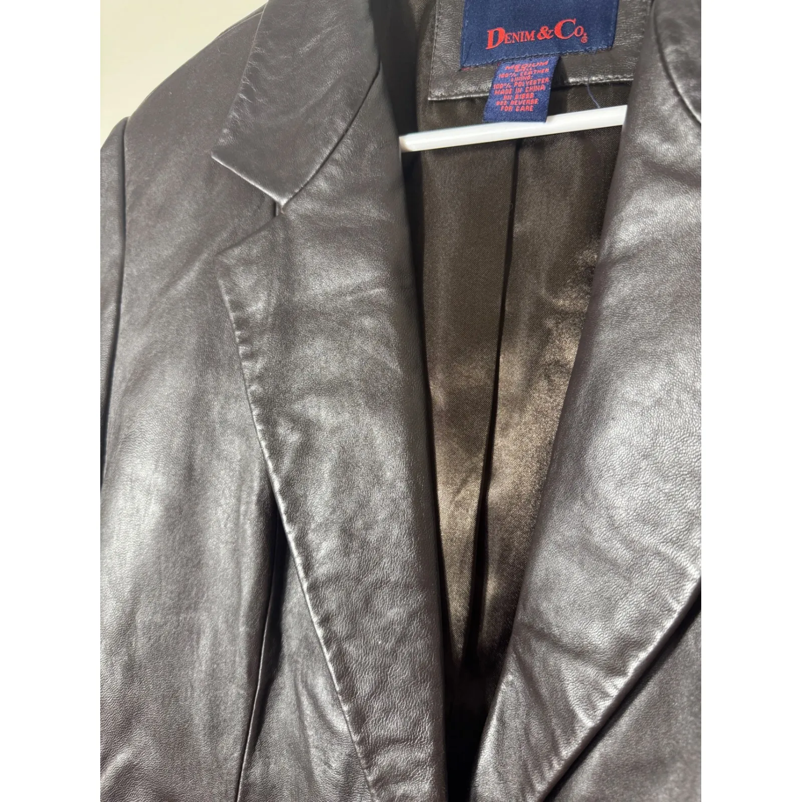 DENIM & CO Womens Medium Brown Leather Blazer Jacket Single Button Lined - Image 2