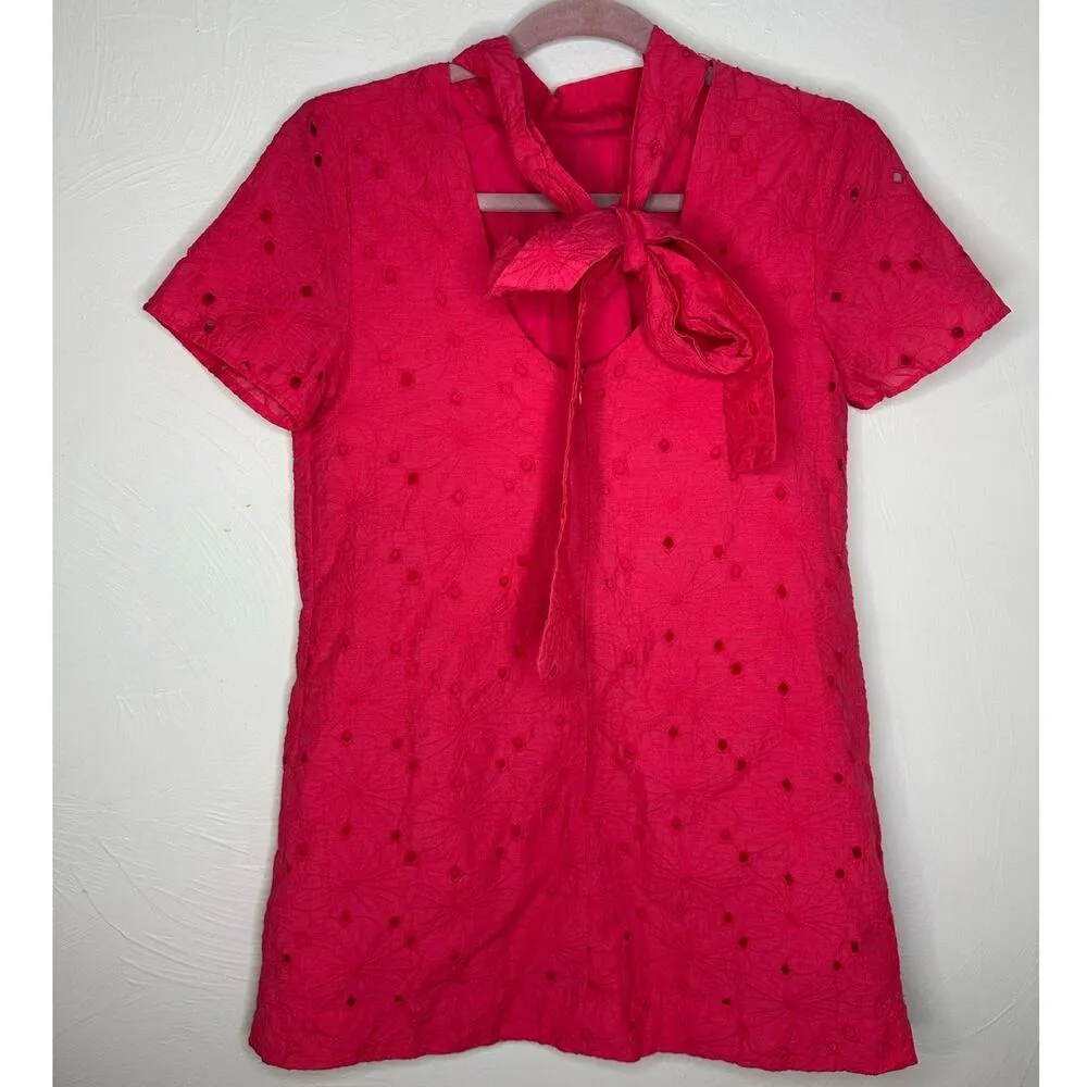 Storia Eyelet Dress Size Small Hot Pink Shift Tie Neck Mini Short Vacation NWT - Image 3
