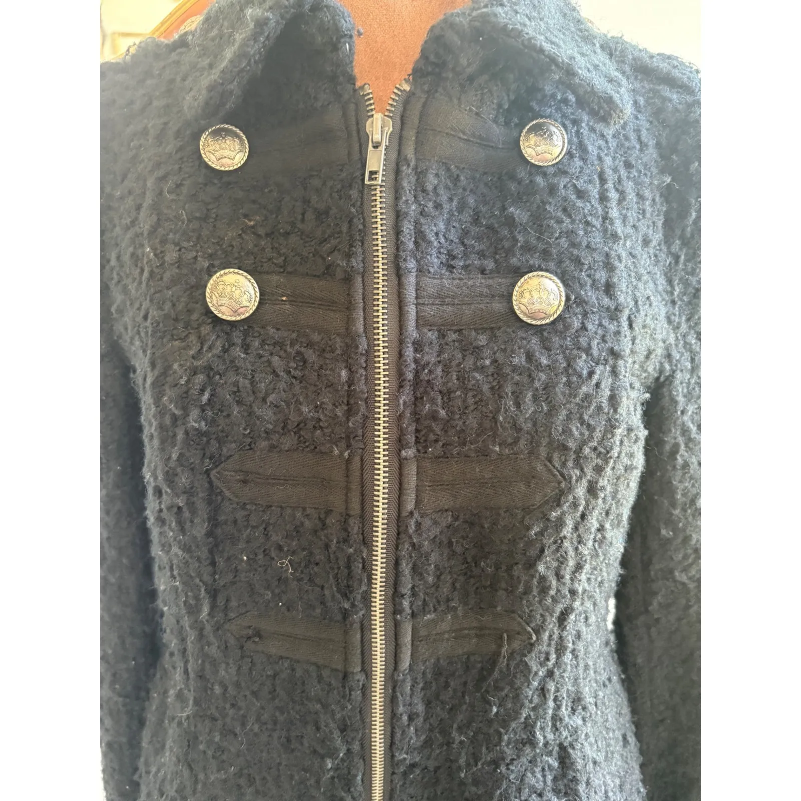 XXI Military Style Boucle Coat Small Black Zipper Front Crown Buttons - Image 3