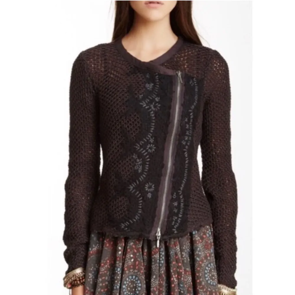 NEW Free People Femme Fatale Knit Moto Zip Cardigan Open Knit Sweater Small - Image 5
