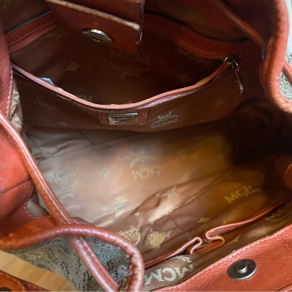 MCM Visetos Jacquard Bucket Bag Drawstring Crossbody Shoulder Brown Orange - Image 6
