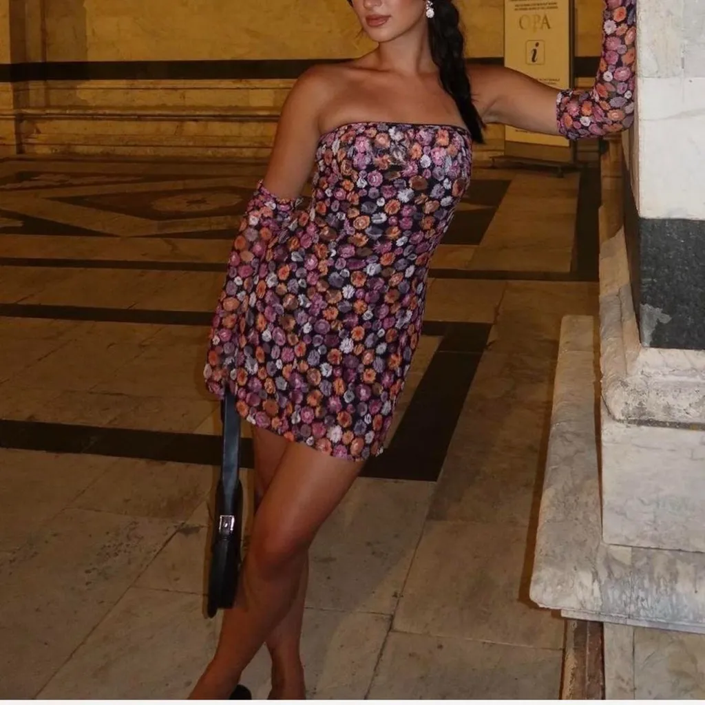 Miscreants Floral Mesh Mini Dress w Gloves Black Pink Designer Orange Size 8 US - Image 3