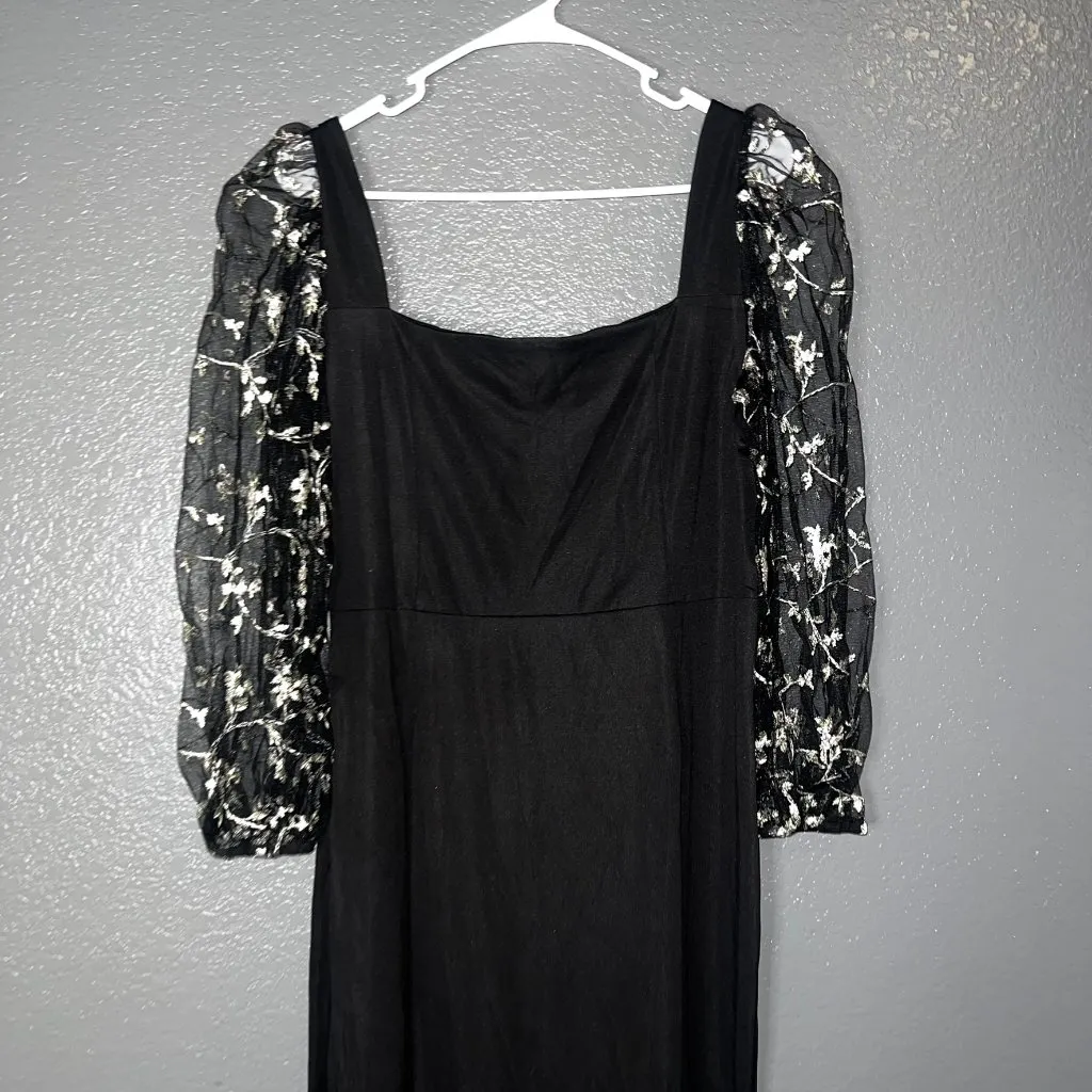 Elegant Black Midi Dress Women’s Size XL Sheer Floral Mesh Sleeve Square Neck Silver - Image 3