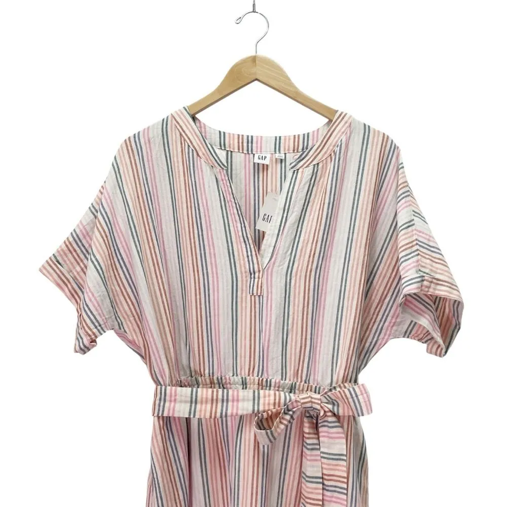 NWT Gap Linen Blend Striped Midi Dress Belted V-Neck Short Sleeve Size 14 Tall - Image 7