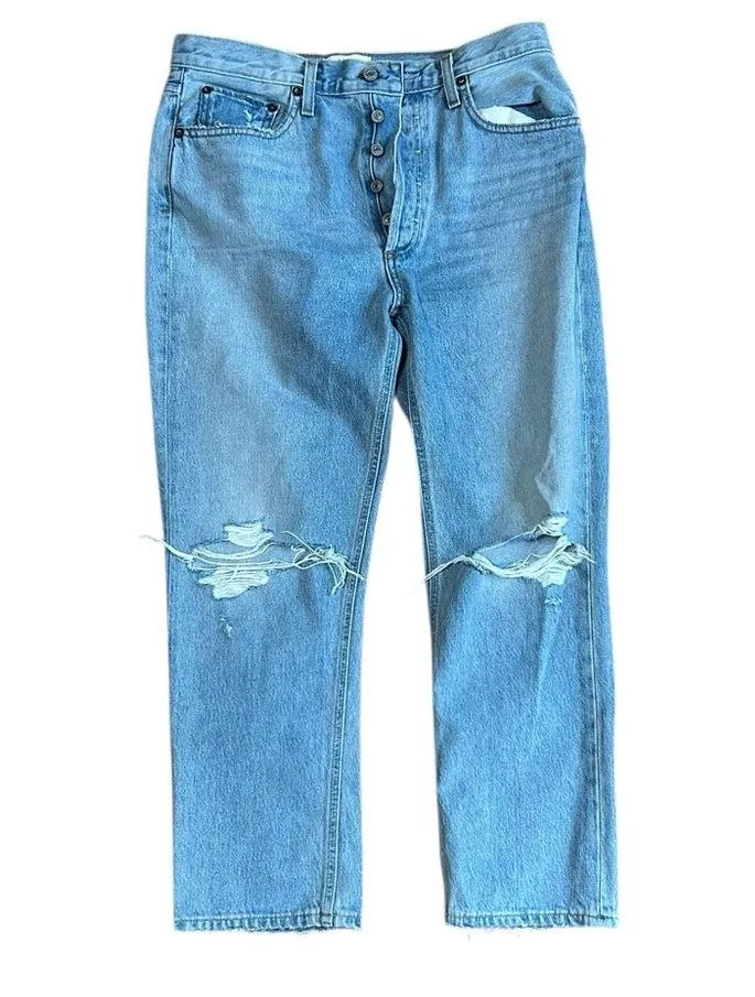 AGOLDE Riley High Rise Straight Crop Jean Light Wash Distressed knees Size 29 - Image 4