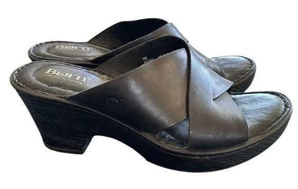 Born Coney Leather Slip On Sandal 7M Black Open Toe Wrapped 2 3/4 Heel Cushion - Image 1