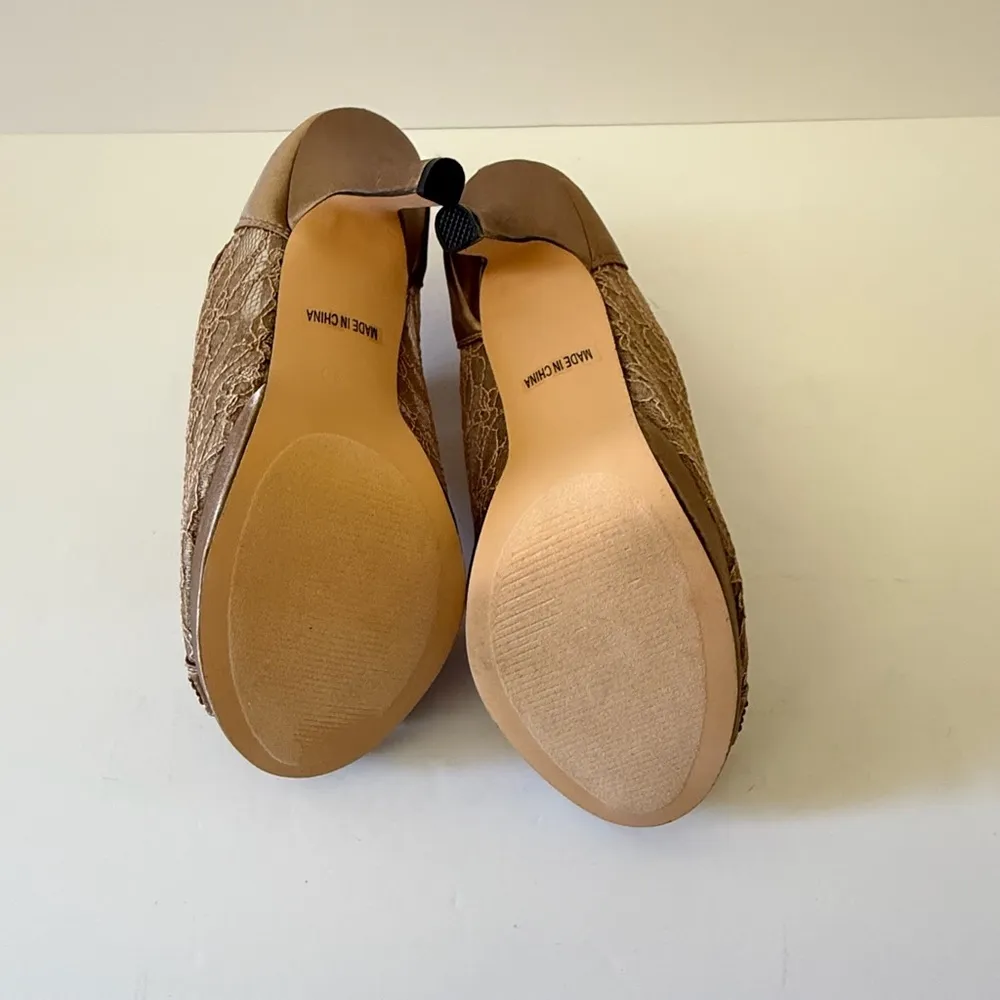 Gold Lace Stiletto Heel Size 8 Sparkly Dress Shoes Zip Back Party Peep Toe Heels - Image 5