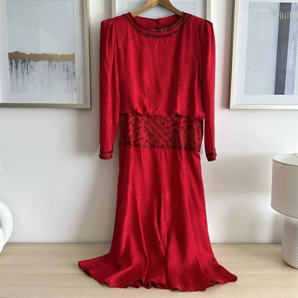 Vintage Silk Dress Womens 10 Dore Beaded Midi Red Cocktail Evening Embellished Red - Image 6