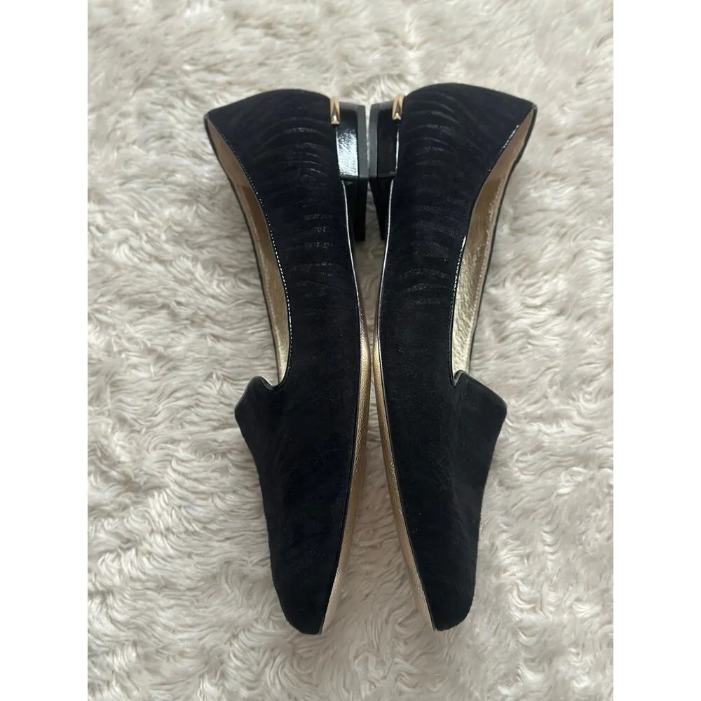 EUC Emy Mack Size 7.5 Solaris Black Suede Leather Zebra Loafer Gold Heel - Image 3