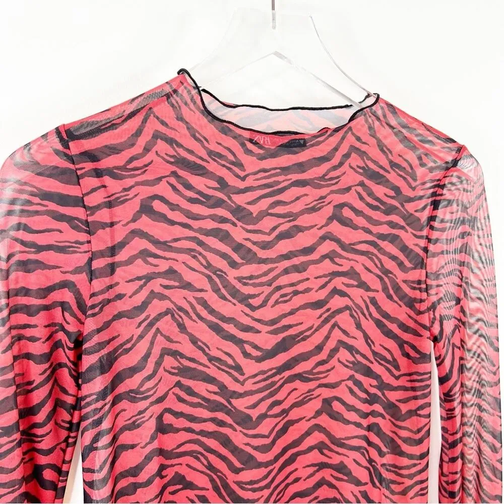 NEW ZARA Sheer Animal Print Pullover Top S Red - Image 5