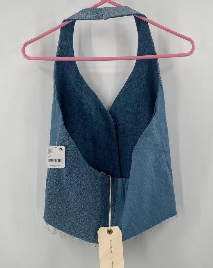 FREE PEOPLE x TRICIA FIX Split Denim Vest Size Extra Small Patchwork Halter NWT - Image 2