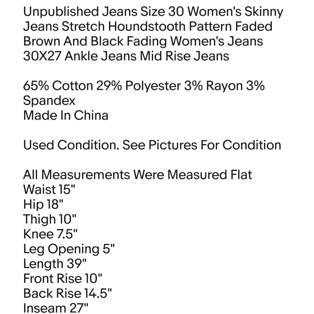 Unpublished Jeans Size 30 Women's Skinny Jeans Stretch Houndstooth Pattern Faded - Image 7
