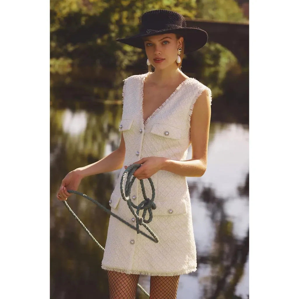 Anthropologie BHLDN Ella V-Neck Pearl Tweed Mini Dress in White Size Medium - Image 14