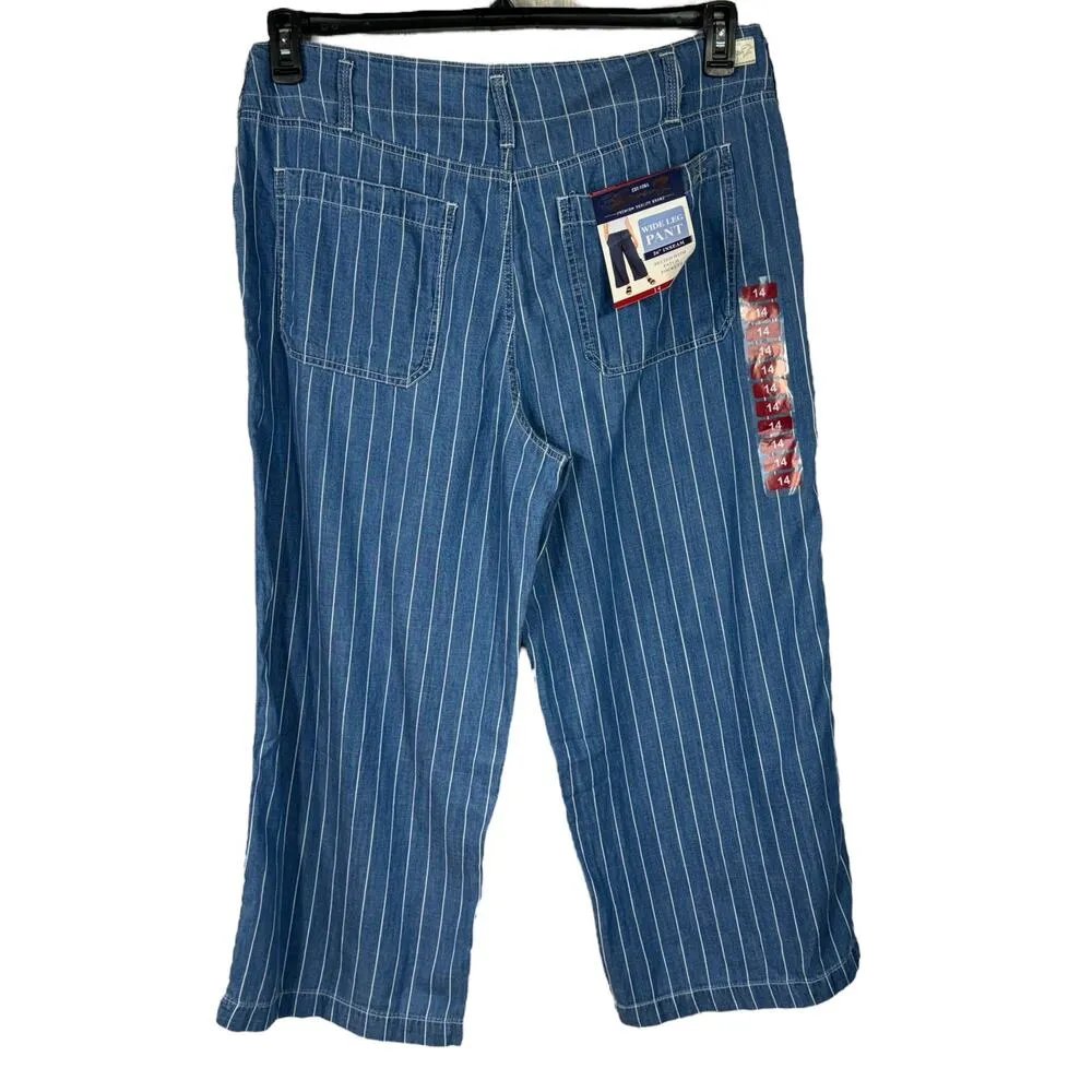 Seven7 SZ 14 Wide Leg Crop Pants Striped Chambray Pockets Hi-Rise Zip-Fly Blue - Image 4