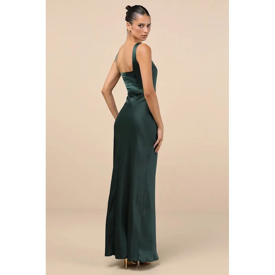 Lulus Emerald Green Satin Ruched Square Neck Maxi Dress Bridesmaid Formal S - Image 9