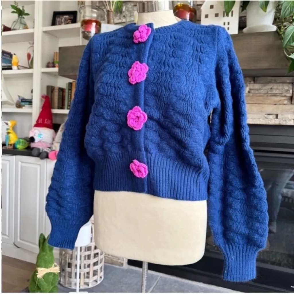Elegant Blue Cardigan with Pink Floral Details - Image 4