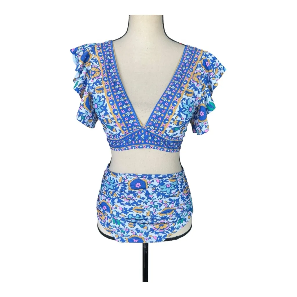 Soucrat Ruffle High Waisted Two Piece Tropical Print Push Up Swimsuit Size S Blue - Image 4