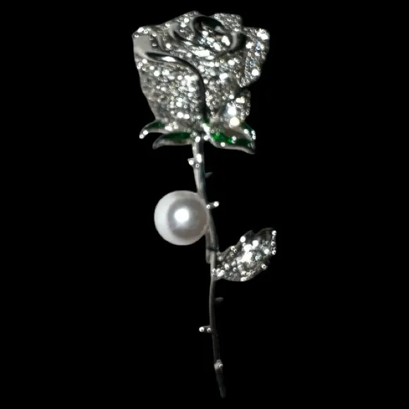 Elegant Silver long stem Rose Brooch with Pearl Accent - Image 6