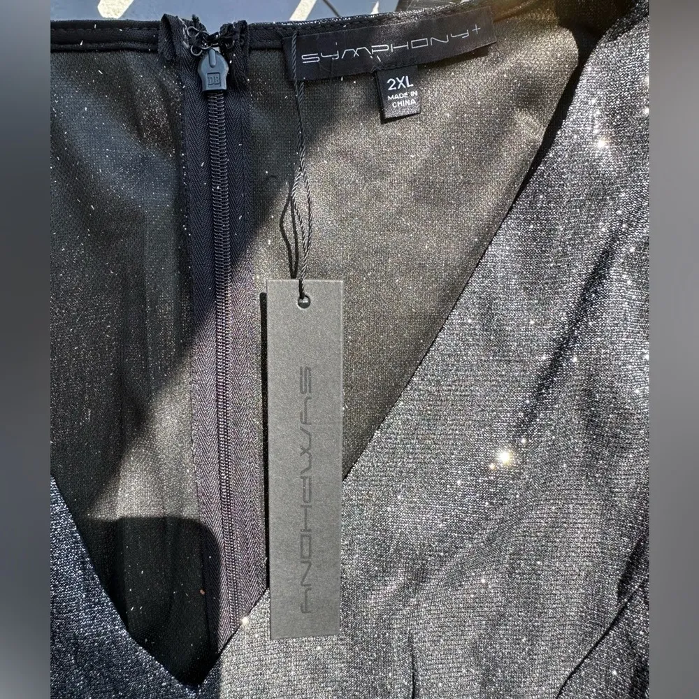 Symphony Shimmer Belted Asymmetrical Flare Hem V-neck Dress Black/Silver Size 2X - Image 6