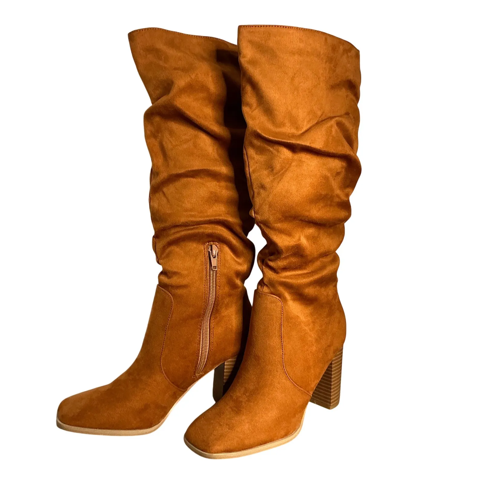 Boho Slouchy Knee High Boots Camel Brown Faux Suede Block Heel Womens 5 - Image 2