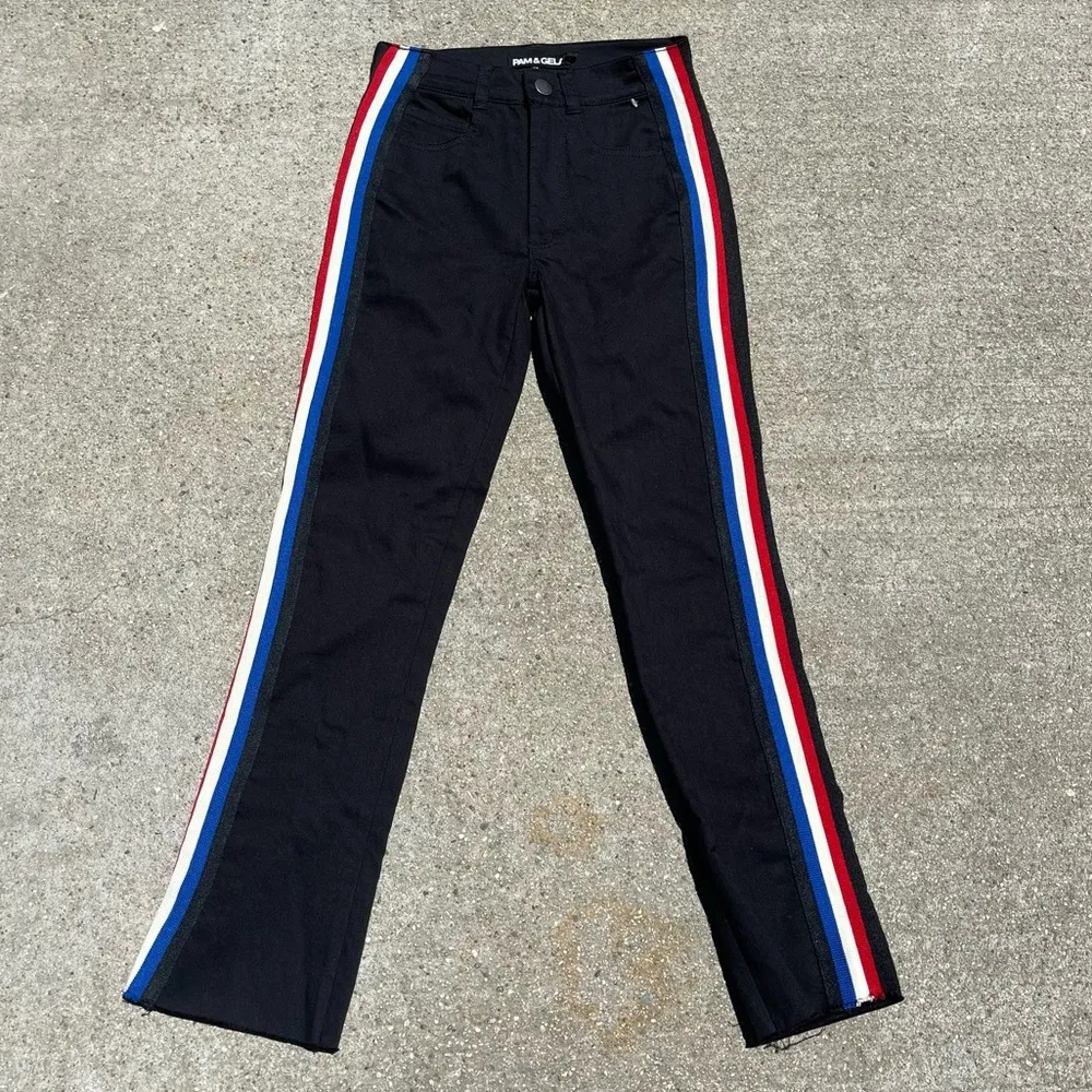 Pam & Gela Cropped Flare with Classic Stripe, Black Side Stripe Kick Flare Jeans - Image 2