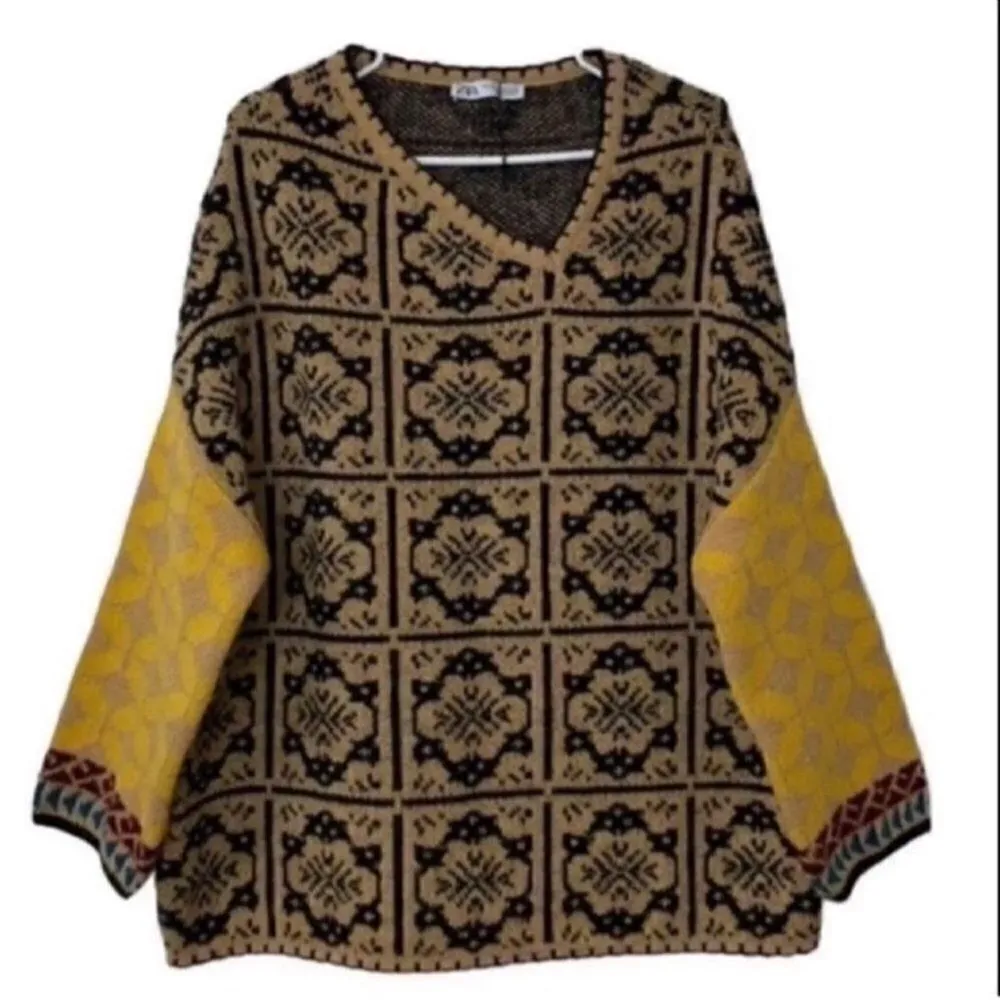 Zara Patchwork Brown/Yellow Wool Blend Oversized
Sweater(Size XS-S) - Image 3