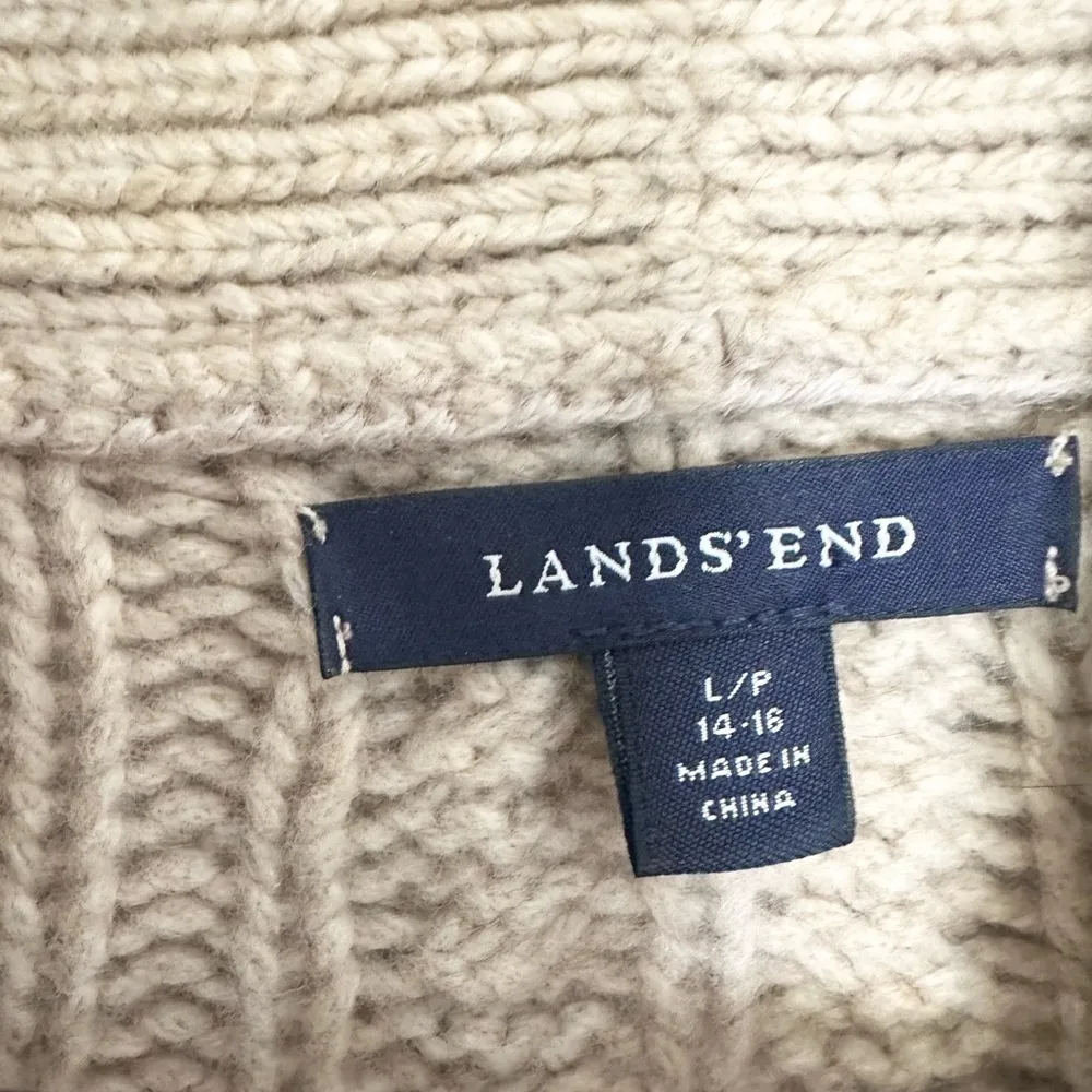 LandsEnd tan cable knit thick heavy cardigan modest winter fisherman Size LP - Image 2