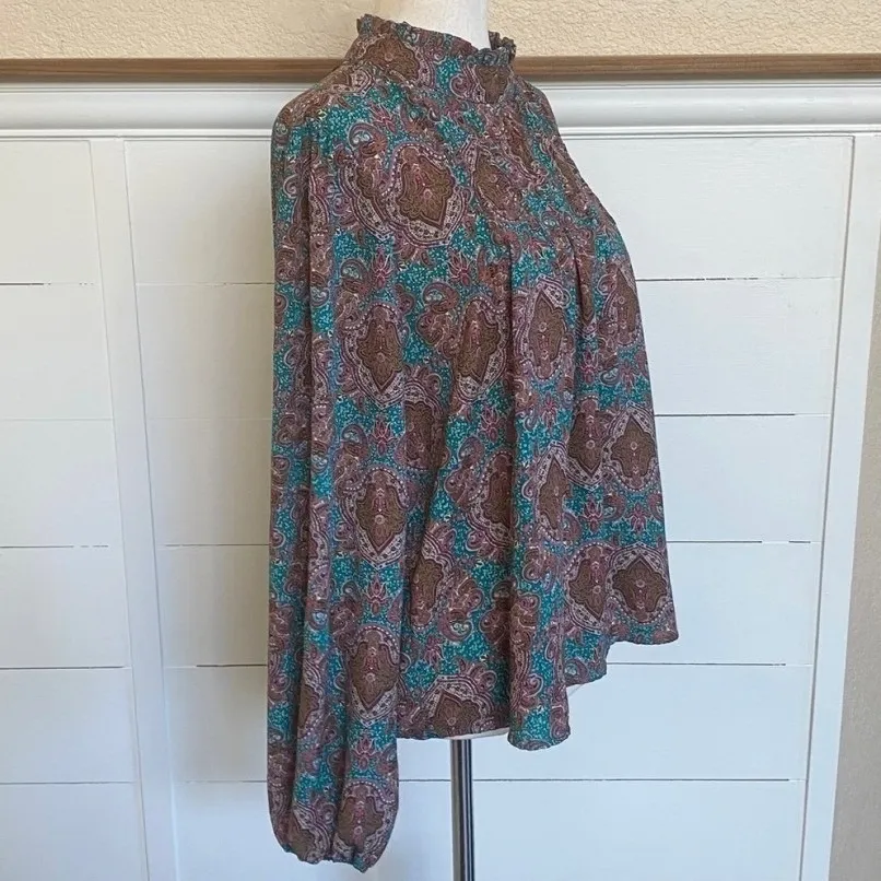 Joie Balloon Sleeve Mock Neck Pleated Bodice Keyhole Blouse Teal/Brown M - Image 7