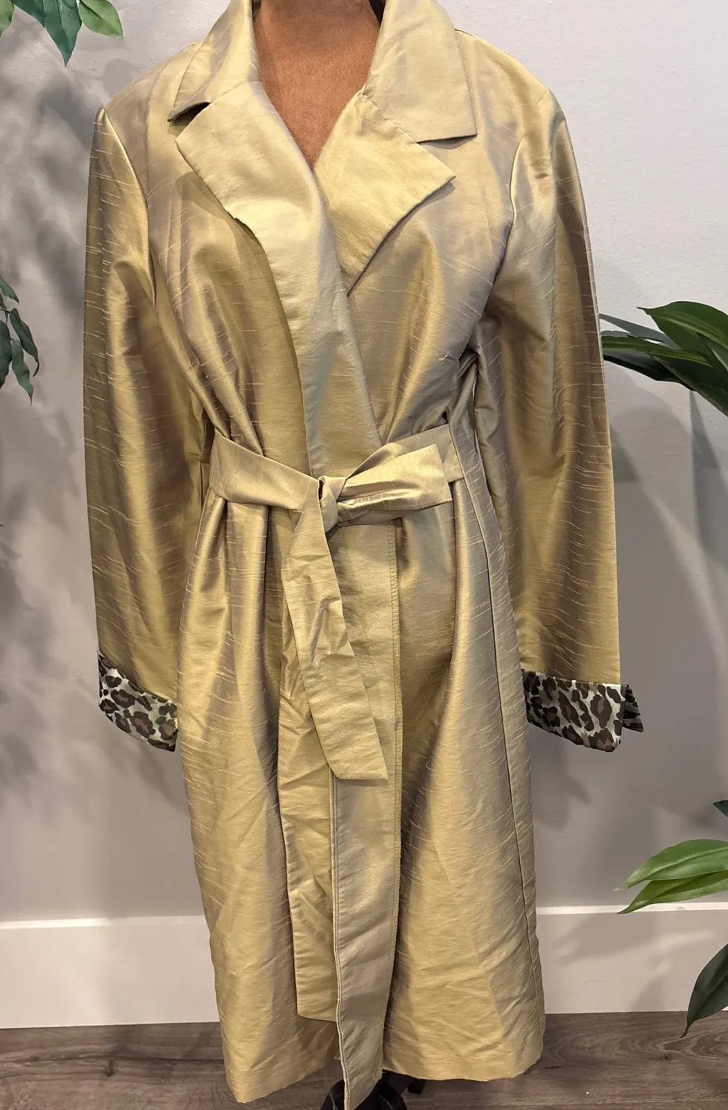 Ashley Stewart Womens Olive Green Leopard Trim Trench Coat Belted Duster - Image 1