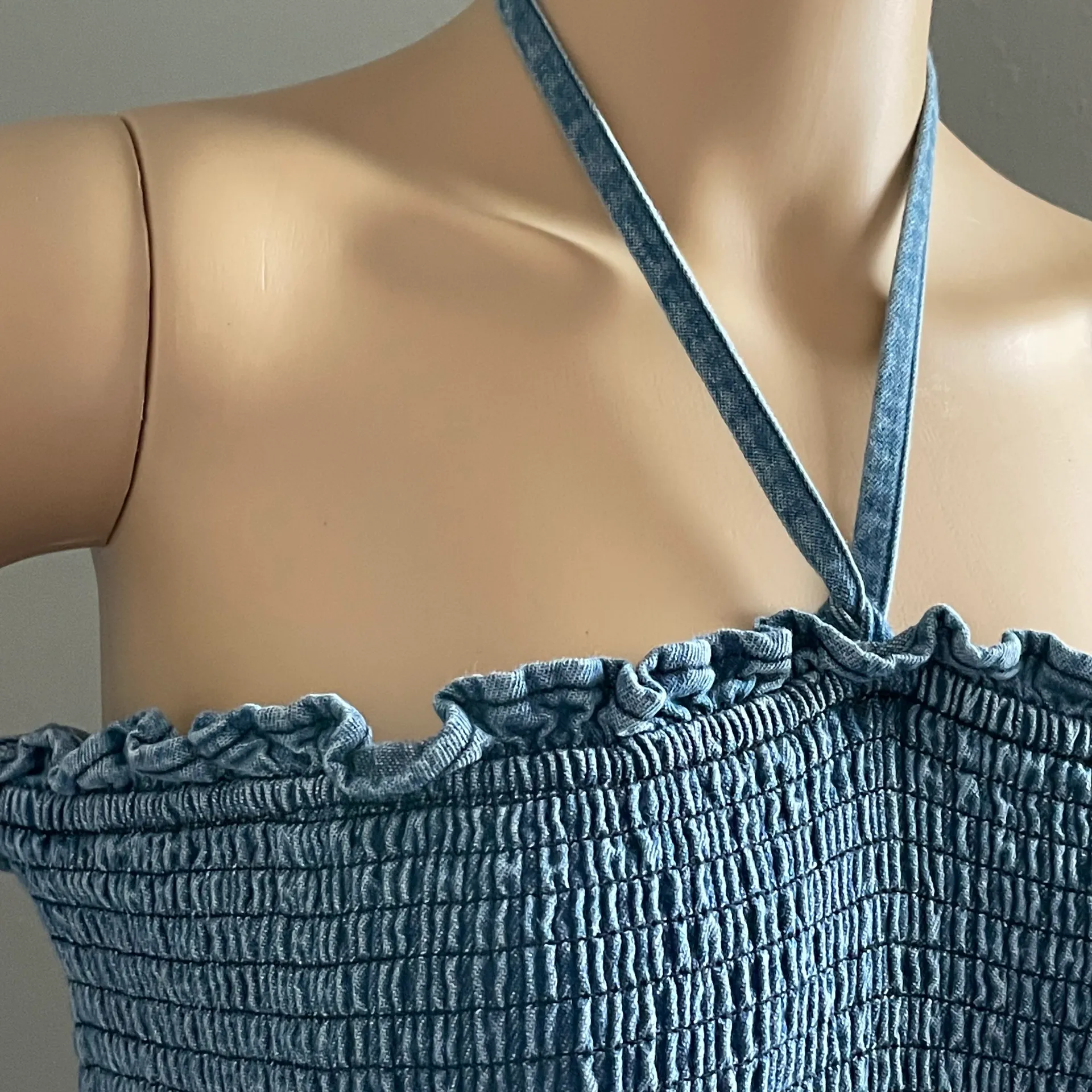 ASOS Denim Mini Dress with Halter Strap and Detatched Bell Sleeves Size 8 - Image 7