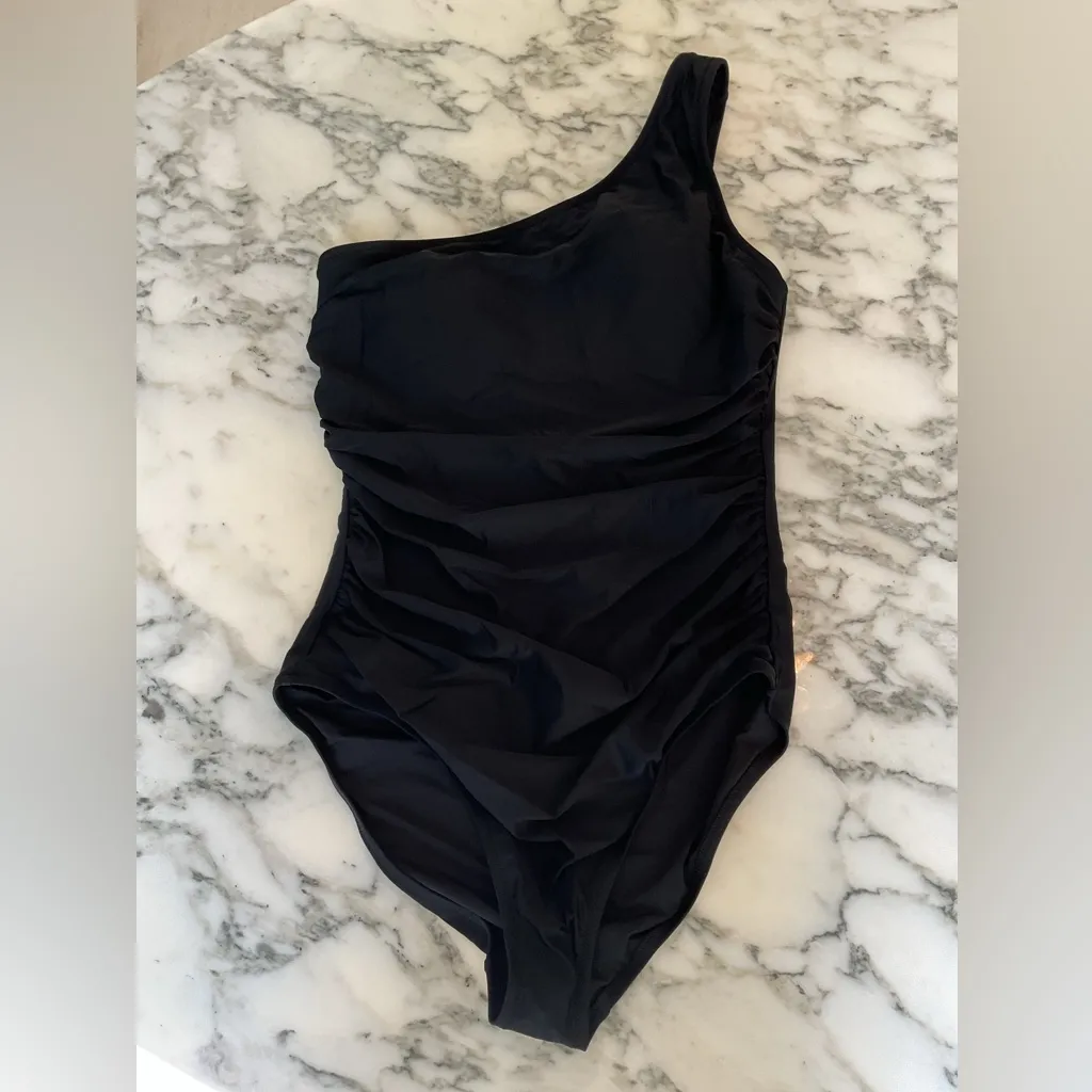 NWT J Crew Ruched Swimsuit Reg Rise Sz L One Shoulder Shelf Bra Black w Liner Size L - Image 9