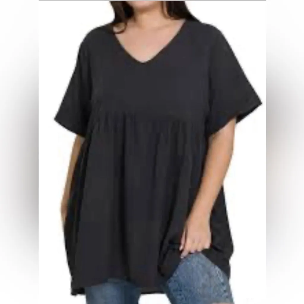 NWOT Zenana V-Neck Empire Waist Baby Doll BLACK Tunic Top Blouse Size Small - Image 2
