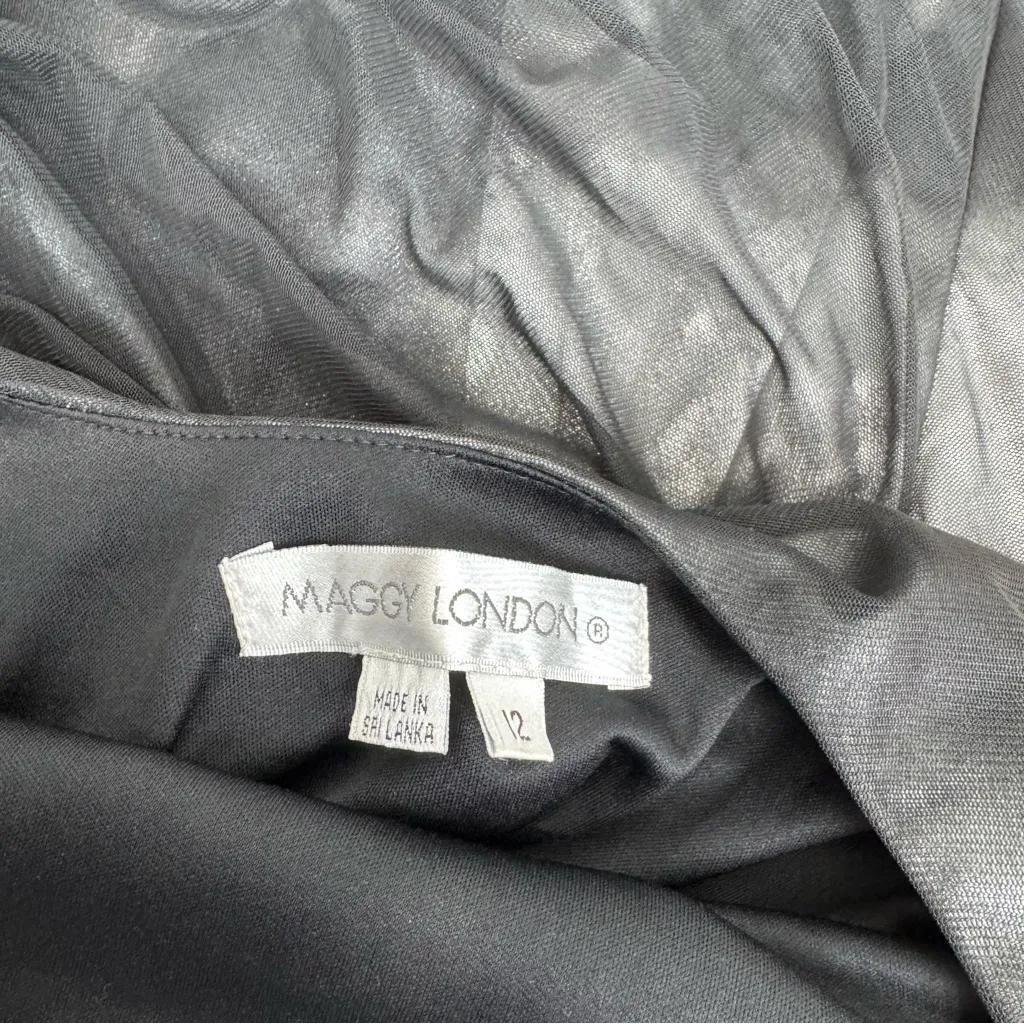 NWT Maggy London Silver Metallic Black Sheer Overlay Dress Ruched Side Boat Neck - Image 5