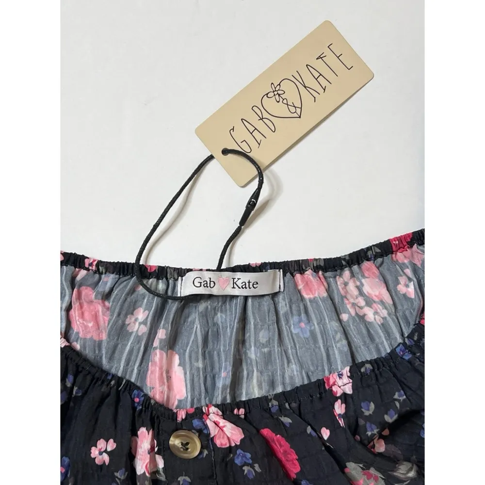 Pink/Purple Floral Print Elastic Button Cropped Top Sz M Women - Image 9