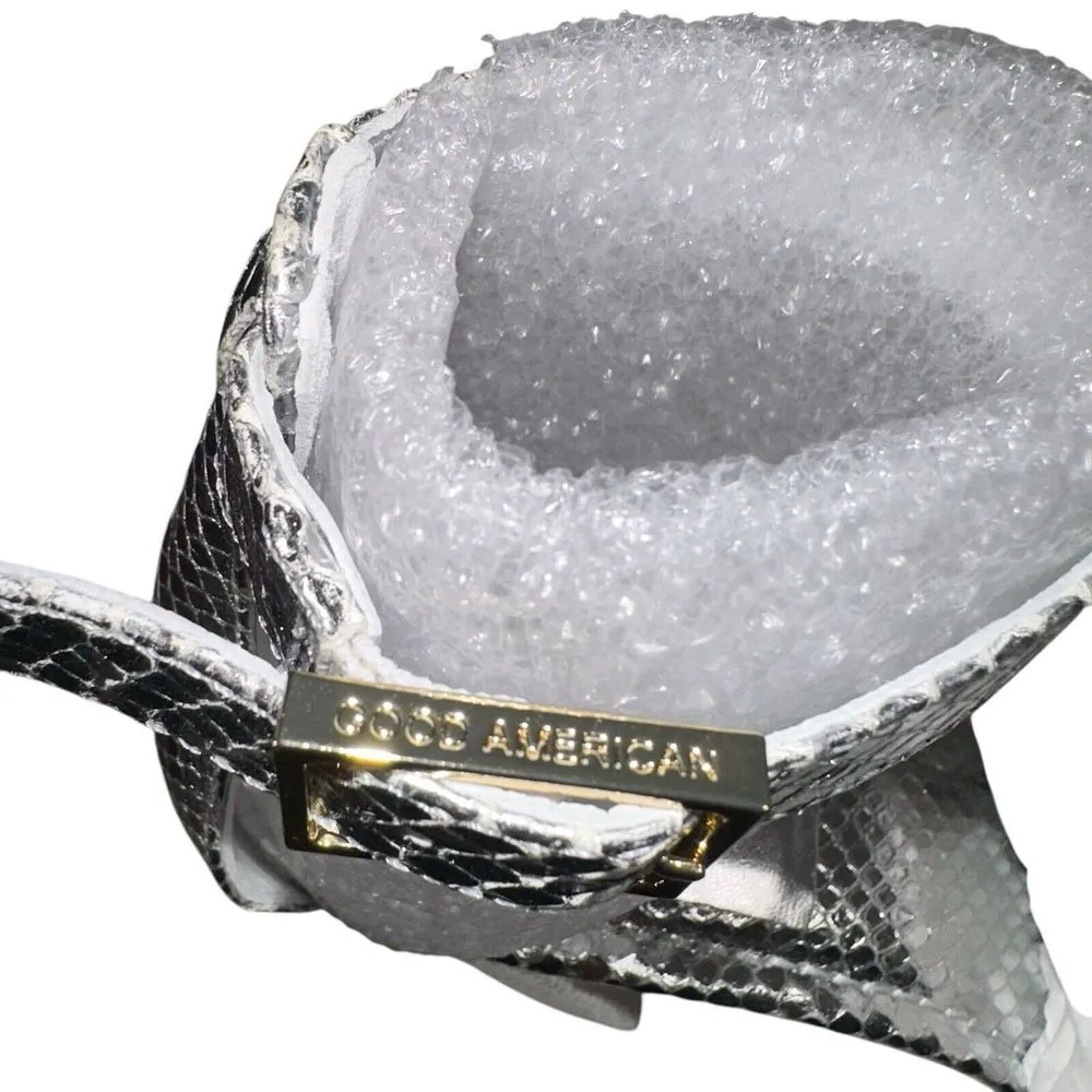 Good American Women Silver Snake New Vegan Leather Embossed Platform Heels Sz 12 - Image 4