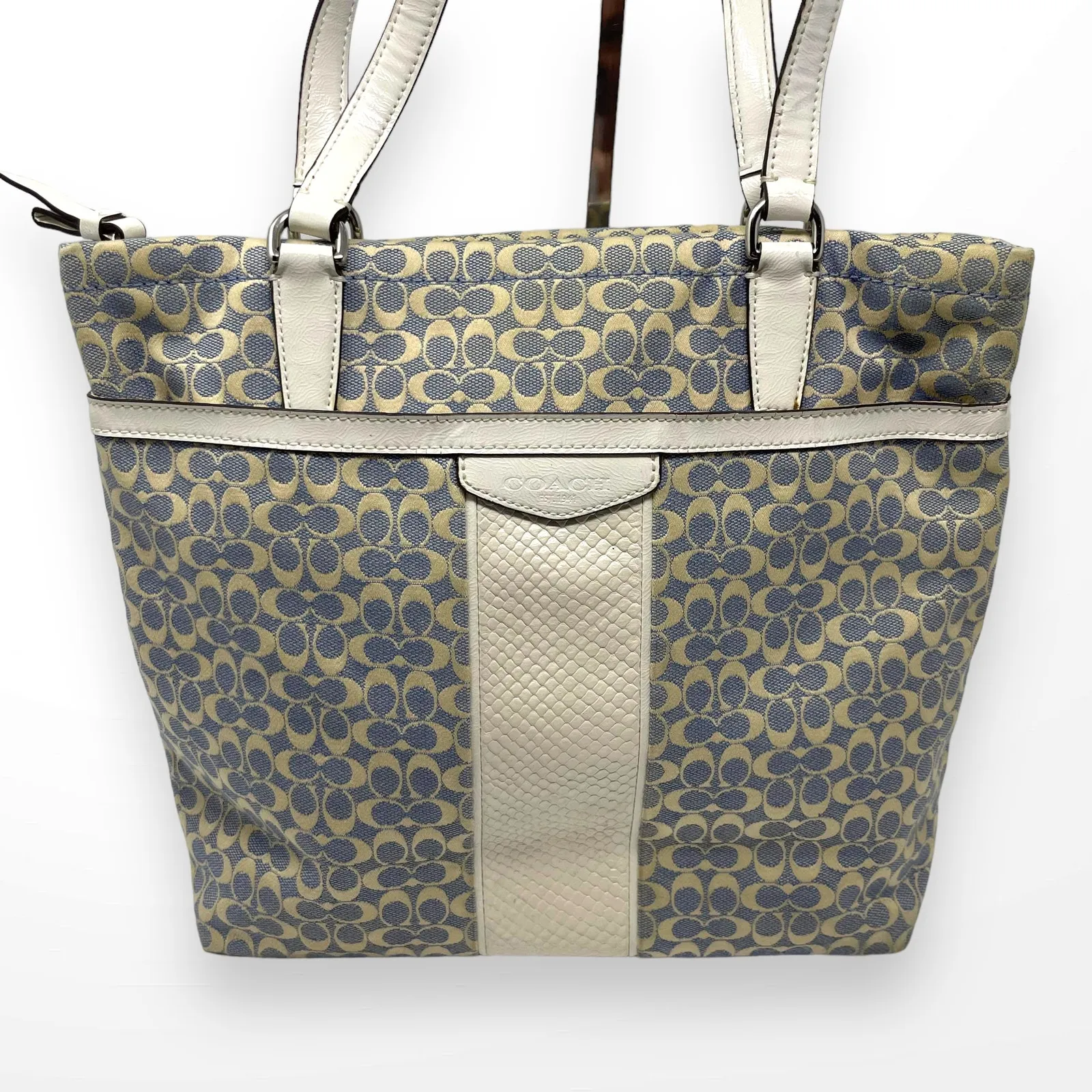 COACH Blue White Leather Monogram Signature Stripe Tote - Image 3