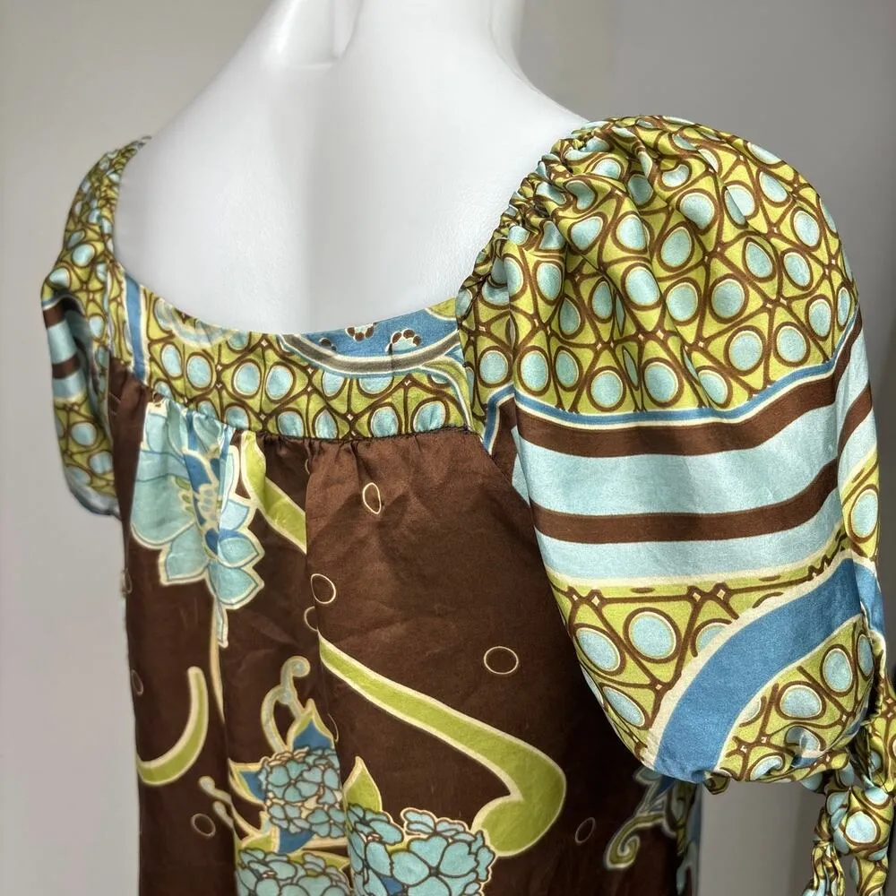M by M. Kalan Brown Vintage Y2K Silk Floral Paisley Puff Sleeve Mini Dress Sz S - Image 6